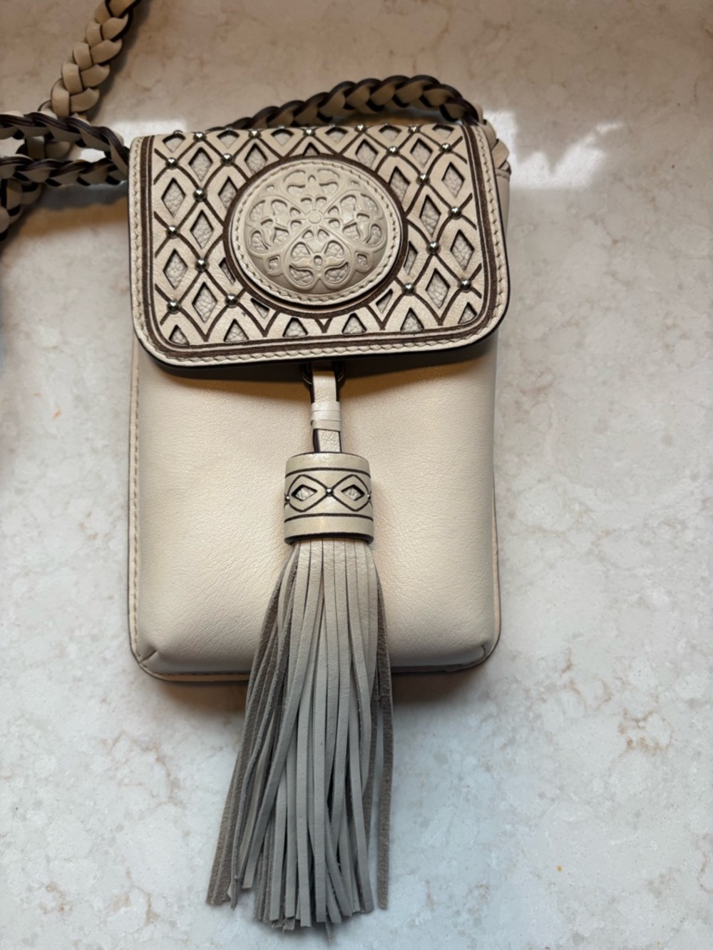 Brighton Ferrara La Belleza Phone Organizer Beige with Braided Strap & Tassel